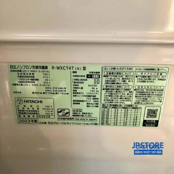 Tủ lạnh Hitachi R-WXC74T dung tích 735L cao cấp 2023